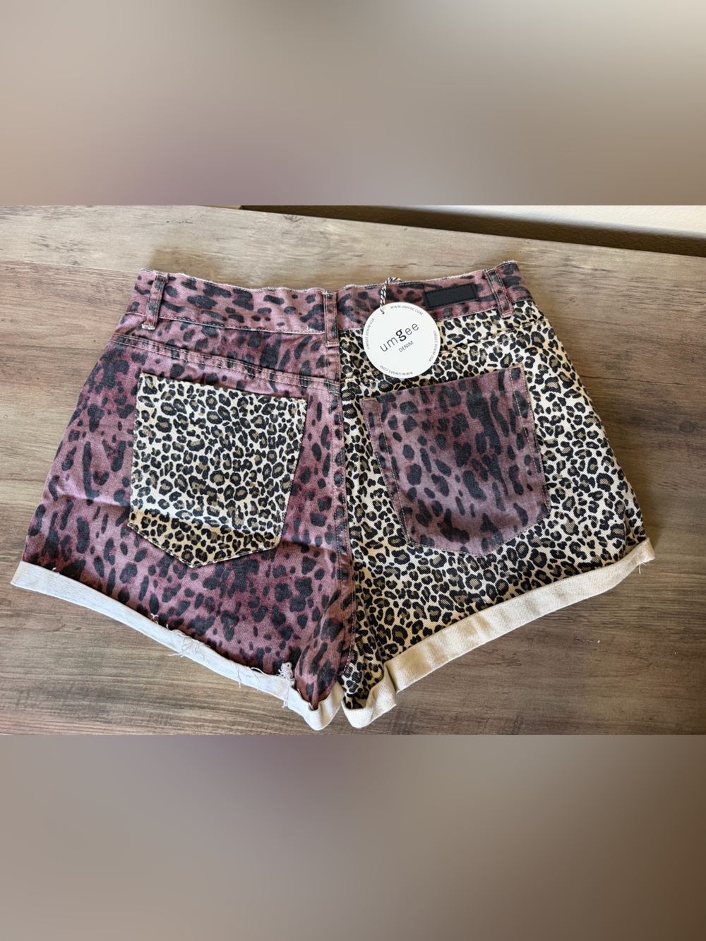 Umgee Two-Tone Leopard Print Denim Shorts - Brown & Tan Brand New with Tags